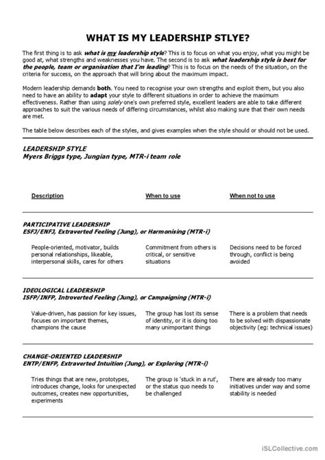 Leadership Styles English Esl Worksheets Pdf And Doc