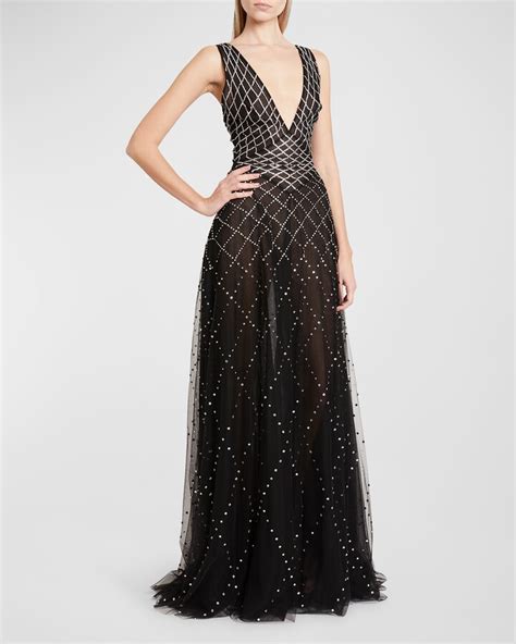 Zuhair Murad Fishnet Strass Embellished Plunging Tulle Gown Shopstyle