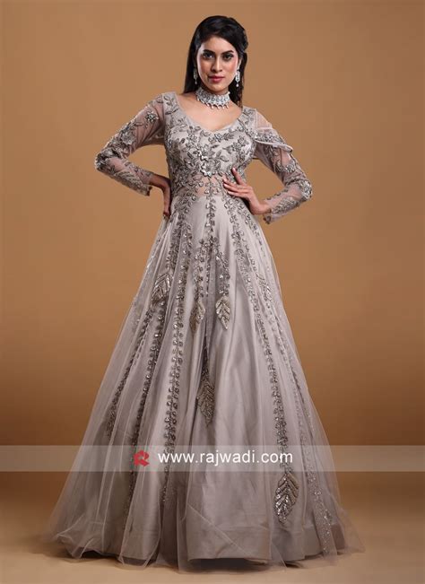 Net Designer Gown In Grey Color