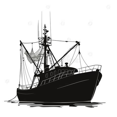 A Large Fishing Boat is Shown in Black and White Stock Illustration - Illustration of ...