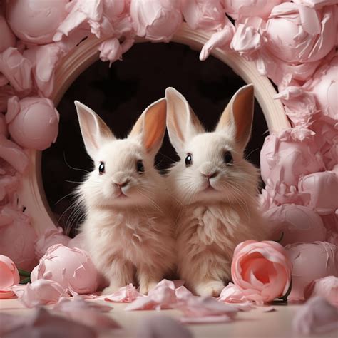 There Are Two Rabbits Sitting In A Hole With Pink Flowers Generative Ai