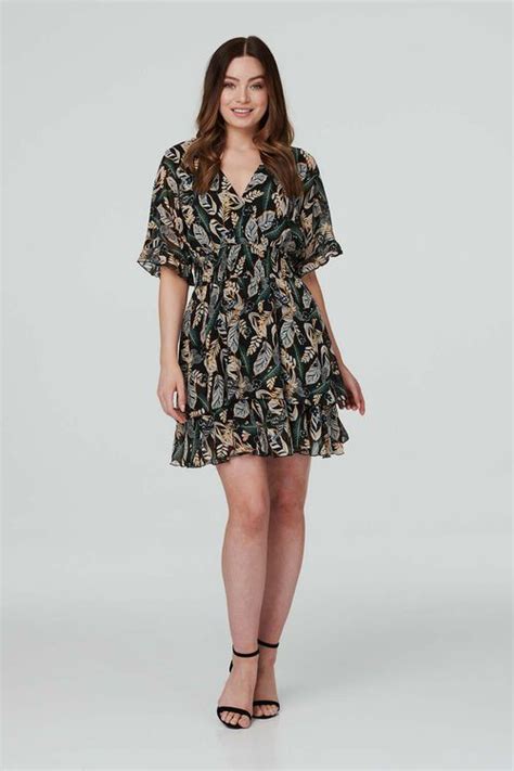 Leaf Print Wrap Mini Dress Izabel London