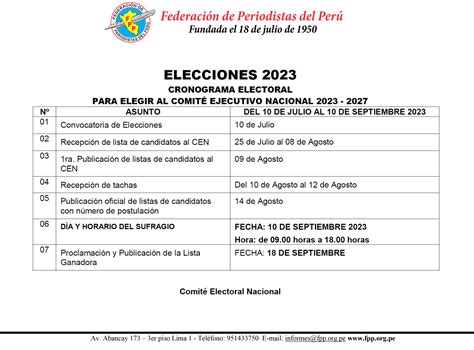 Cronograma Electoral Elecciones Federaci N De Periodistas Del Per