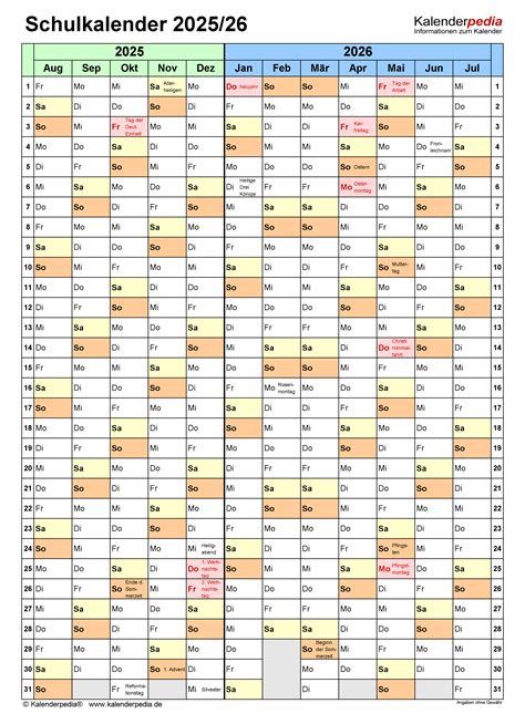 Schulkalender 20252026 Als Excel Vorlagen Zum Ausdrucken
