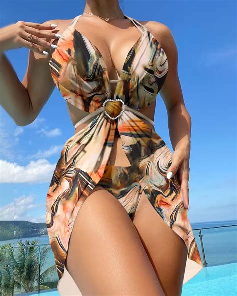 Pcs Marble Print Halter Bikini Set With Cover Up