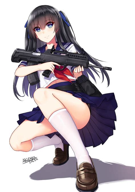 Anime Chicas Anime Pistola Arma Pelo Largo Pelo Negro Ojos Azules