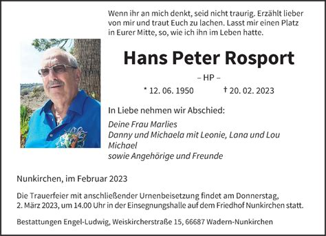 Traueranzeigen Von Hans Peter Rosport Saarbruecker Zeitung Trauer De