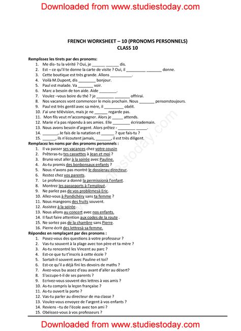 Cbse Class 10 French Assignment Pronoms Personnels French Worksheet 3 10 Pronoms Personnels