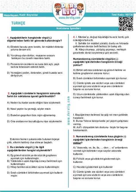 8 Sınıf Türkçe Noktalama İşaretleri Yaprak Test Derslig