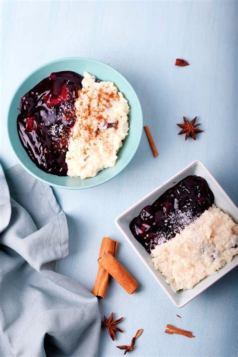 Typical Peruvian Dessert with Rice Pudding and Purple Mazamorra Stock ...