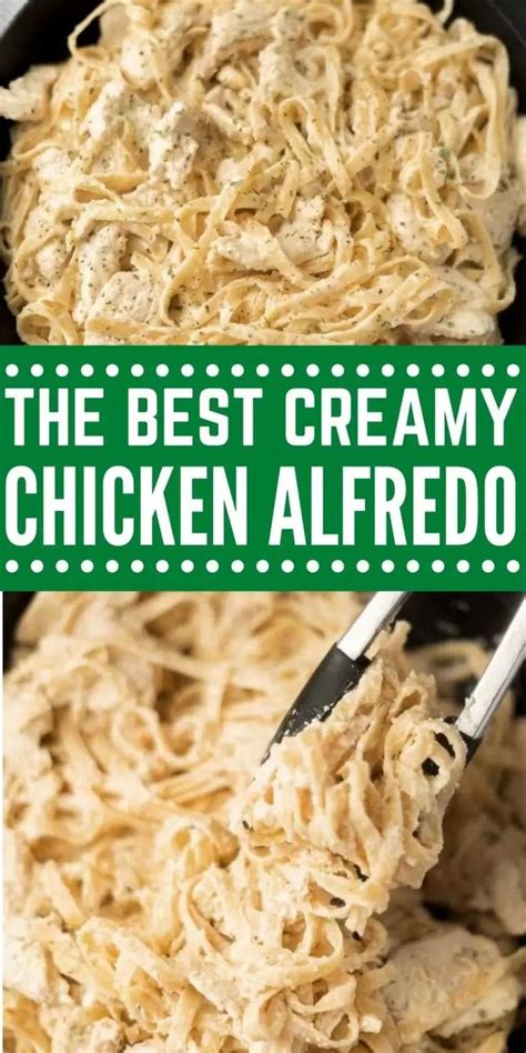 The Best Creamy Chicken Alfredo Is In A Black Skillet With A Green Border