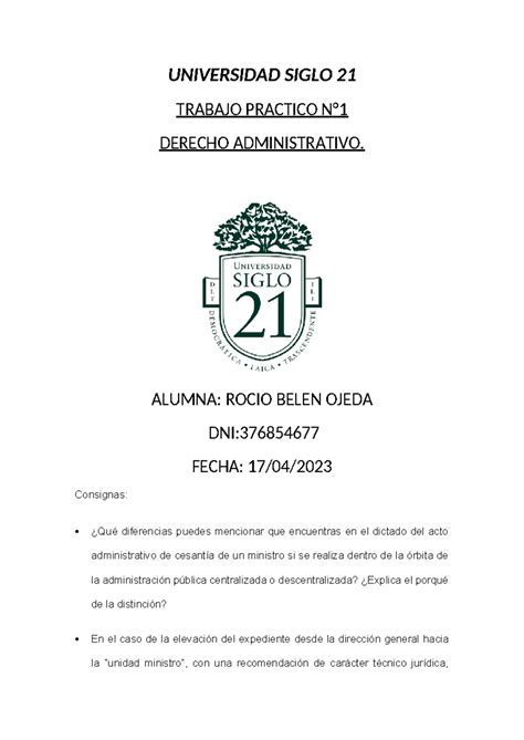 Tp N Administrativo UNIVERSIDAD SIGLO 21 TRABAJO PRACTICO N DERECHO