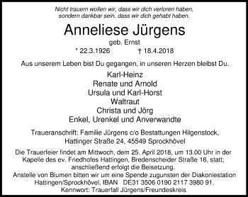 Traueranzeigen von Anneliese Jürgens Trauer in NRW de