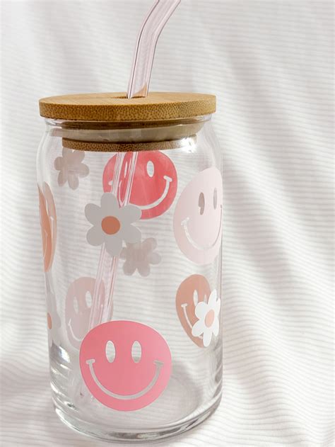 Retro Smileys Glass Can Cup With Lid And Straw Boho Style Etsy