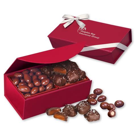 Promotional Chocolate Covered Almonds Chocolate Sea Salt Caramels In Red Magnetic Closure Box