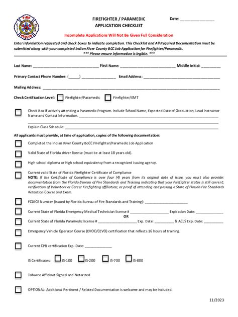 Fillable Online Firefighter Paramedic Candidate Application Checklist