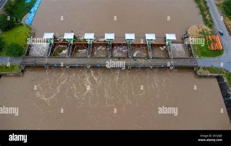 Aerial View Of The Water Released From The Concrete Dam S Drainage