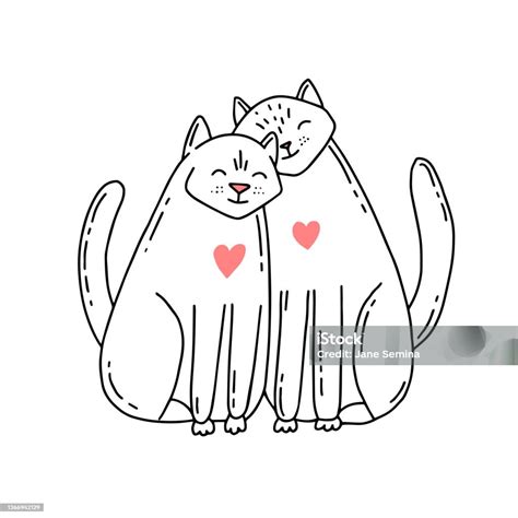 Vetores De Dois Gatos Fofos Apaixonados Gatos Na Mão Desenhados Estilo Doodle Isolado Em Um