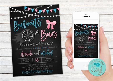 Editable Burnouts Or Bows Gender Reveal Invitation Girl Or Etsy