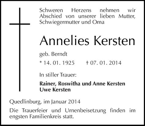 Traueranzeigen Von Annelies Kersten Abschied Nehmen De