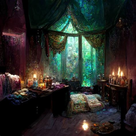 Elven Alchemist S Bedroom Covered In Potions Gems Lace Curtains