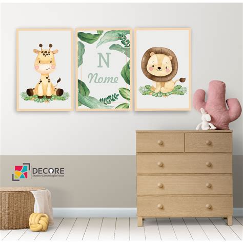 Quadro Decorativo Safari Infantil Letra E Nome Personalizado