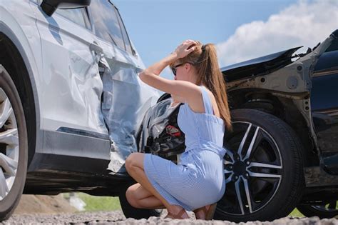 Triste Conductora Sentada En El Lado De La Calle Sorprendida Después De Un Accidente