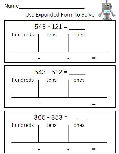 Expanded Form Subtracting 3 Digit Numbers Within 999 NO Regrouping