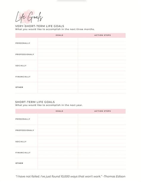 Printable Life Goals Worksheet Watercolor Pink Inspiring Quotes PDF Instant Download - Etsy