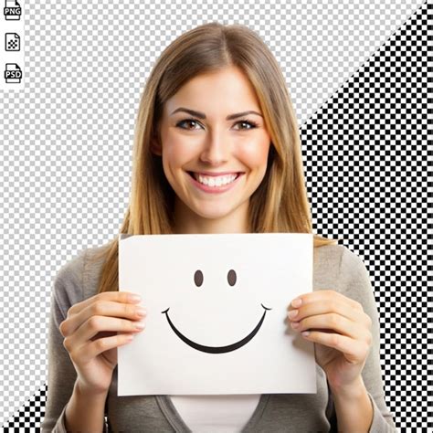 Una Mujer Con Un Papel Blanco Que Muestra Una Cara Sonriente Archivo