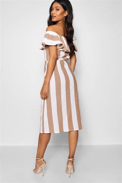 Robe Midi à épaules Dénudées Et Larges Rayures Robe Midi Robe Midi