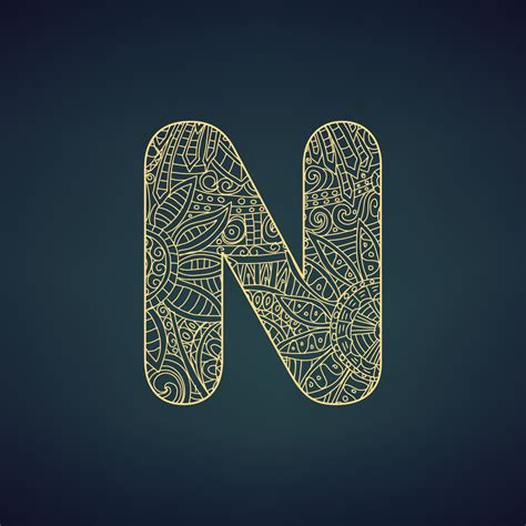 Letter N In Doodle Style Mandala Alphabet In The Golden Style Vector