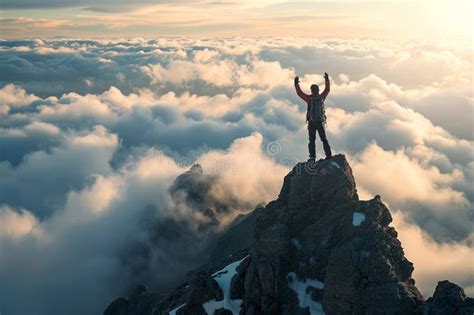 Hiker With Arms Up Standing On The Top Of The Mountain Successful Man