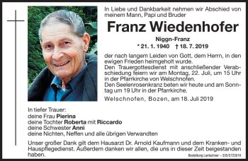 Traueranzeigen Von Franz Wiedenhofer Trauer Bz