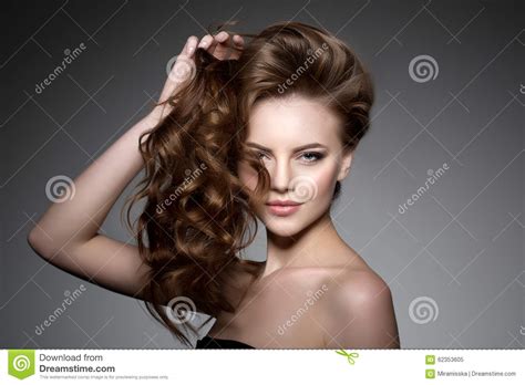 Model With Long Hair Waves Curls Hairstyle Hair Salon Updo Stock