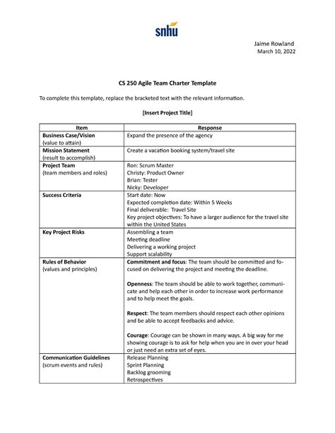 Cs 250 Agile Team Charter Template Jaime Rowland Jaime Rowland March