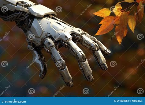 Robot Hand With Smooth Edges Grasping A Freshly Fallen Leaf Stock Photo