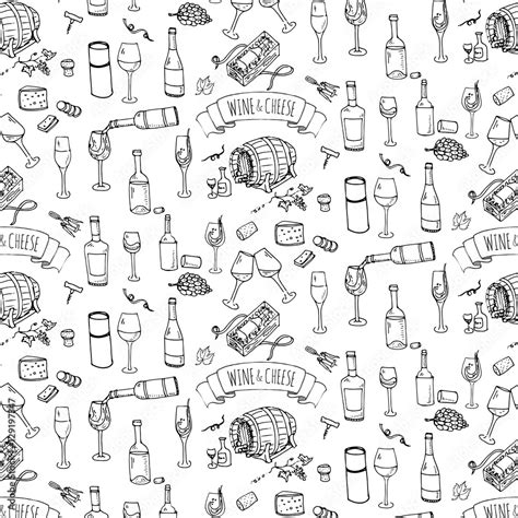 Seamless Background Hand Drawn Wine Set Icons Vector Illustration