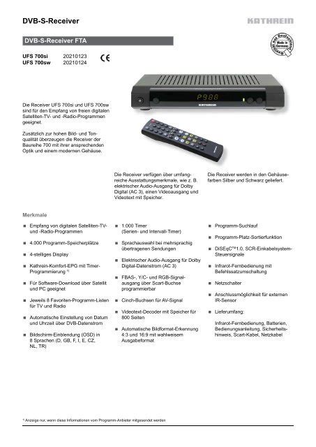 Dvb S Receiver Fta Ufs Si Und Ufs Sw Kathrein