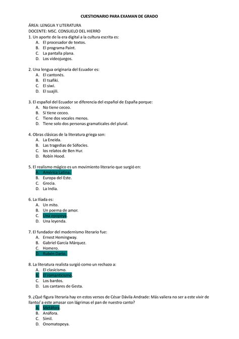 Cuestionario Para Examan De Grado Cuestionario Para Examan De Grado