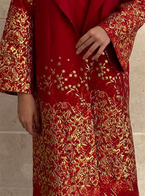 Golden Flowers Red Abaya With Wide Lapel Collar And Dainty Gold Floral