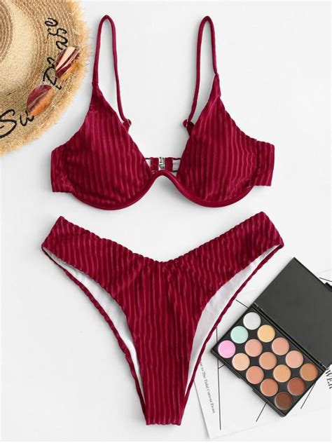 Off Zaful Ribbed Velvet Underwire High Leg Bikini Swimsuit