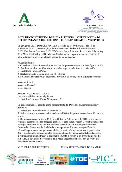 Actas ElecciÓn Representantes Consejo Escolar Ceip Tomasa Pinilla