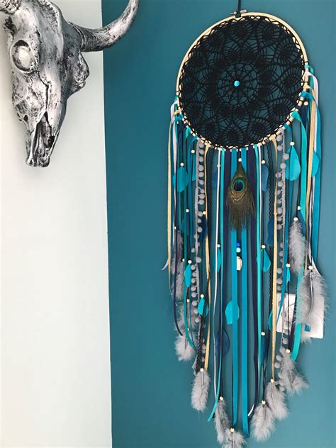 Grand Dream Catcher En Dentelle Au Crochet Noire Coloris Bleu Canard