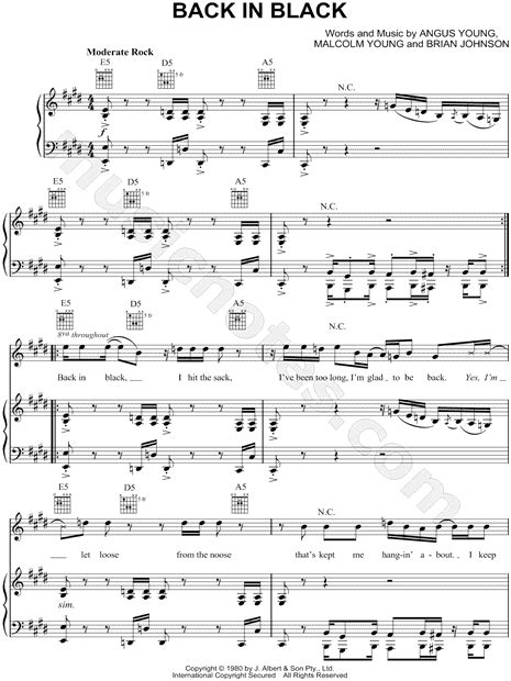 Ac Dc Back In Black Sheet Music In E Major Transposable Download And Print Sku Mn0083040