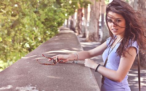 Wallpaper Women Brunette Brown Eyes Blue Shirt Sunglasses Open