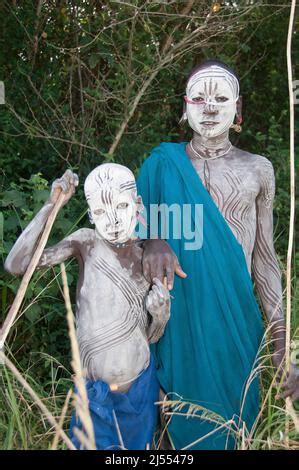 Surma Man And Boy With Body Paintings Kibish Omo River Valley