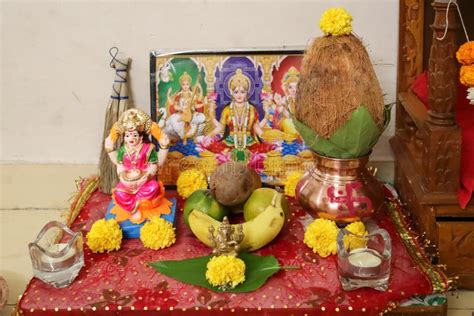 Diwali Pooja Arrangement with Rangoli and Prasad Offering Stock Photo - Image of arrangement ...