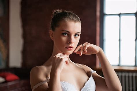 Women Brunette Blue Eyes Bare Shoulders Hairbun Face White Bra