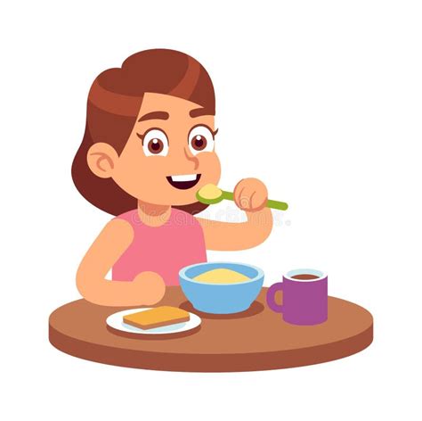 Niña Cenando O Almorzando El Pequeño Se Sienta a La Mesa Y Come Sopa